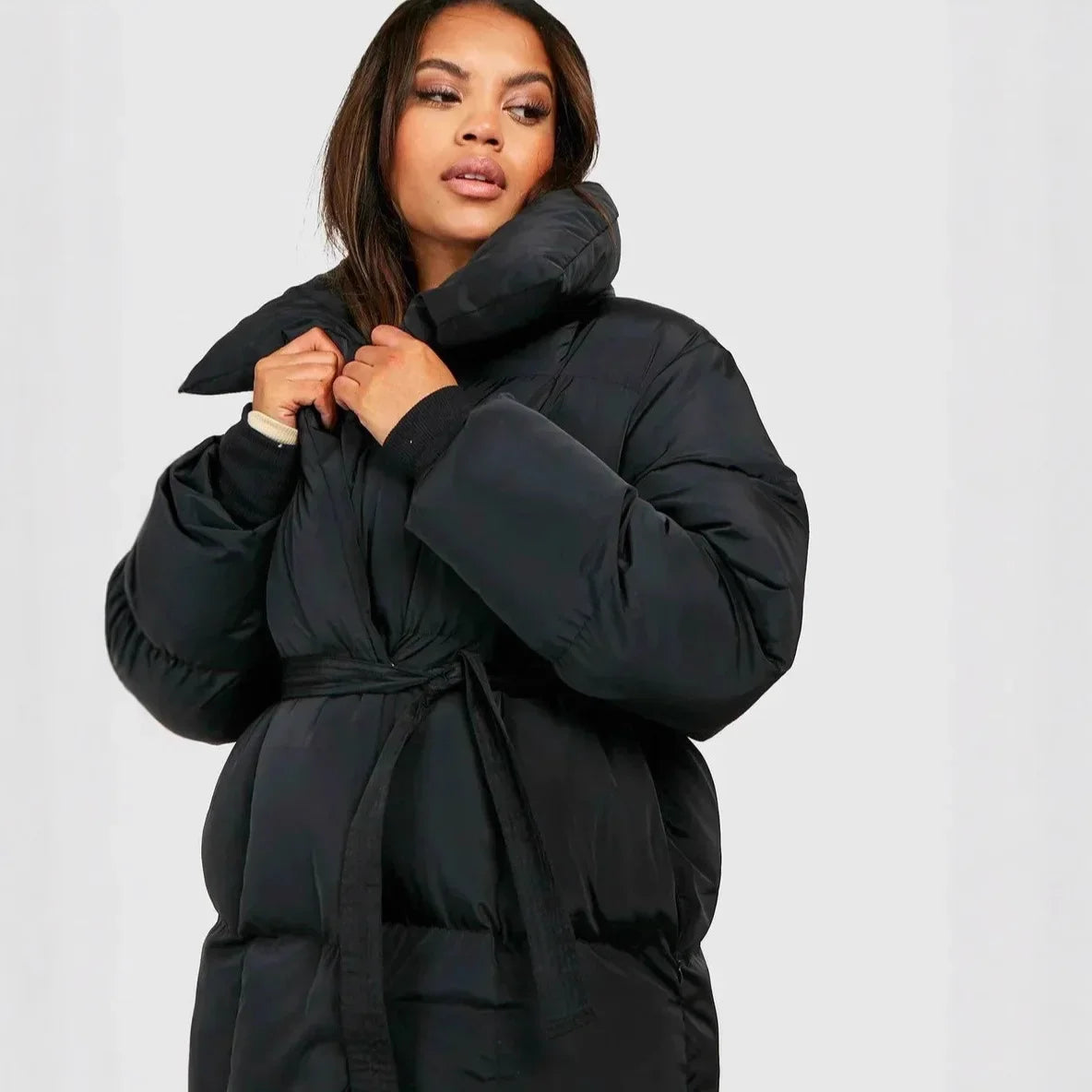 Women's Puffer Coat Large Lapel Collar Belted Waist Mid-Length Warm Winter Jacket Fashion Loose Padded Outerwear