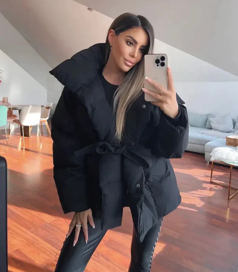 Women's Puffer Coat Large Lapel Collar Belted Waist Mid-Length Warm Winter Jacket Fashion Loose Padded Outerwear