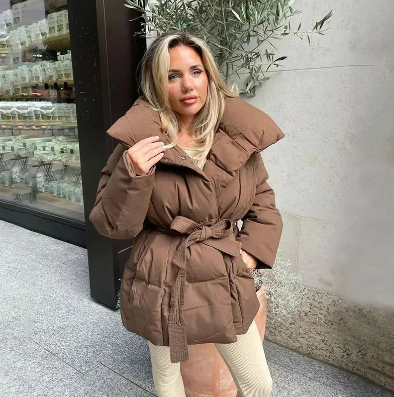 Women's Puffer Coat Large Lapel Collar Belted Waist Mid-Length Warm Winter Jacket Fashion Loose Padded Outerwear