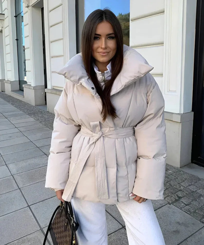 Women's Puffer Coat Large Lapel Collar Belted Waist Mid-Length Warm Winter Jacket Fashion Loose Padded Outerwear